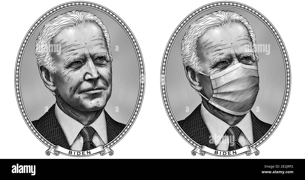 Gravurportrait von Joe Biden. Ovaler Rahmen im Stil eines Dollarscheins. Lächelnder Präsident der USA und Kopie seines Kopfes mit einer chirurgischen Gesichtsmaske. Stock Vektor