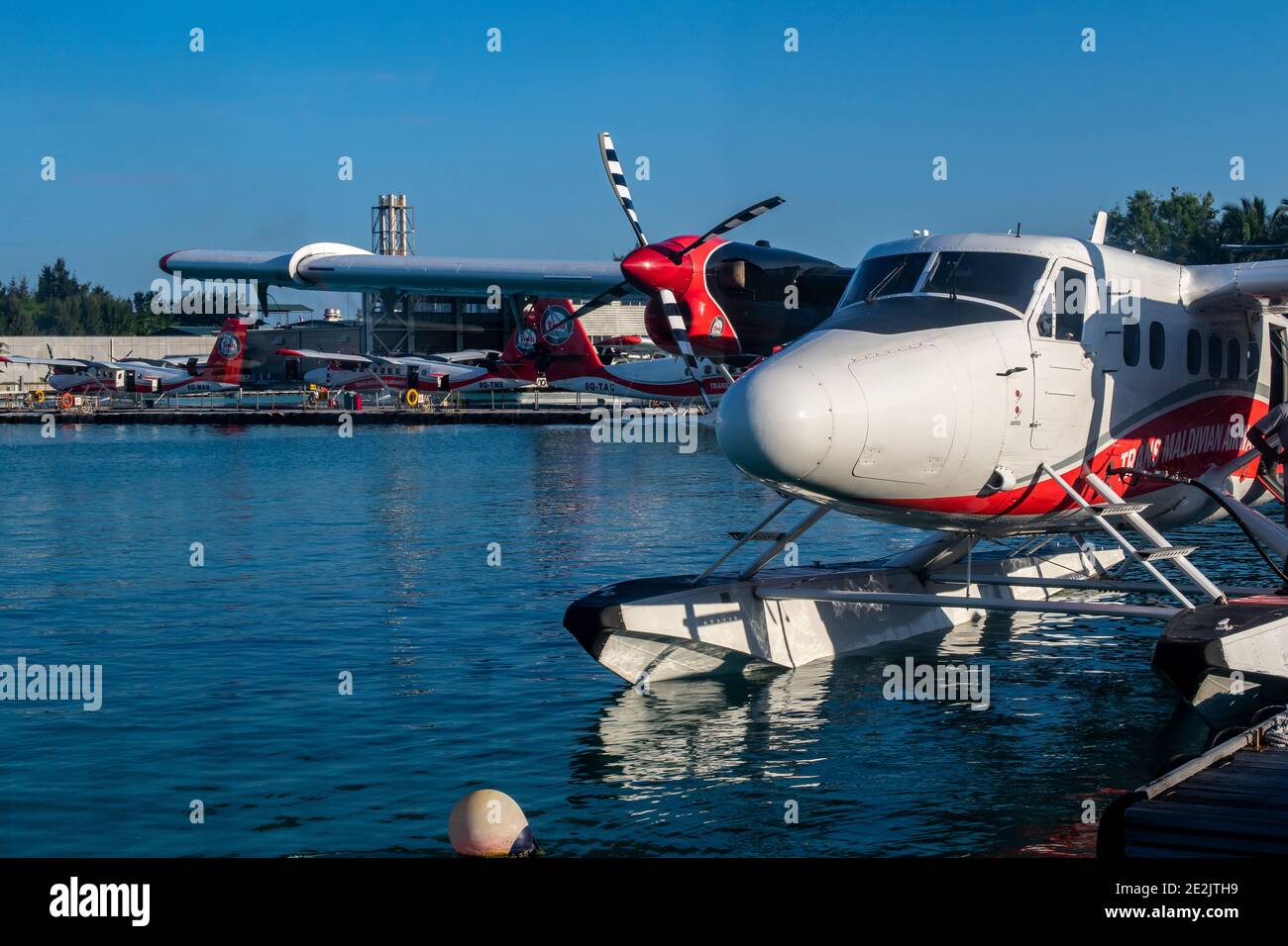 Männlich, Malediven, 20.11.2020. Trans Maldivian Airways Wasserflugzeug Twin Otter Series 400 an Wasserflugzeug Terminal angedockt. Stockfoto