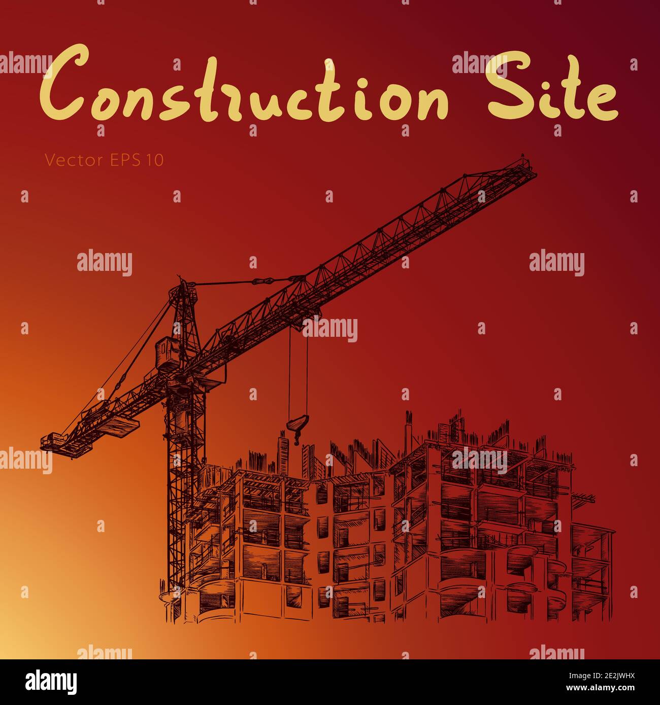 Abbildung: Gebäudekonstruktion. Baustelle und Turmdrehkrane Stock Vektor
