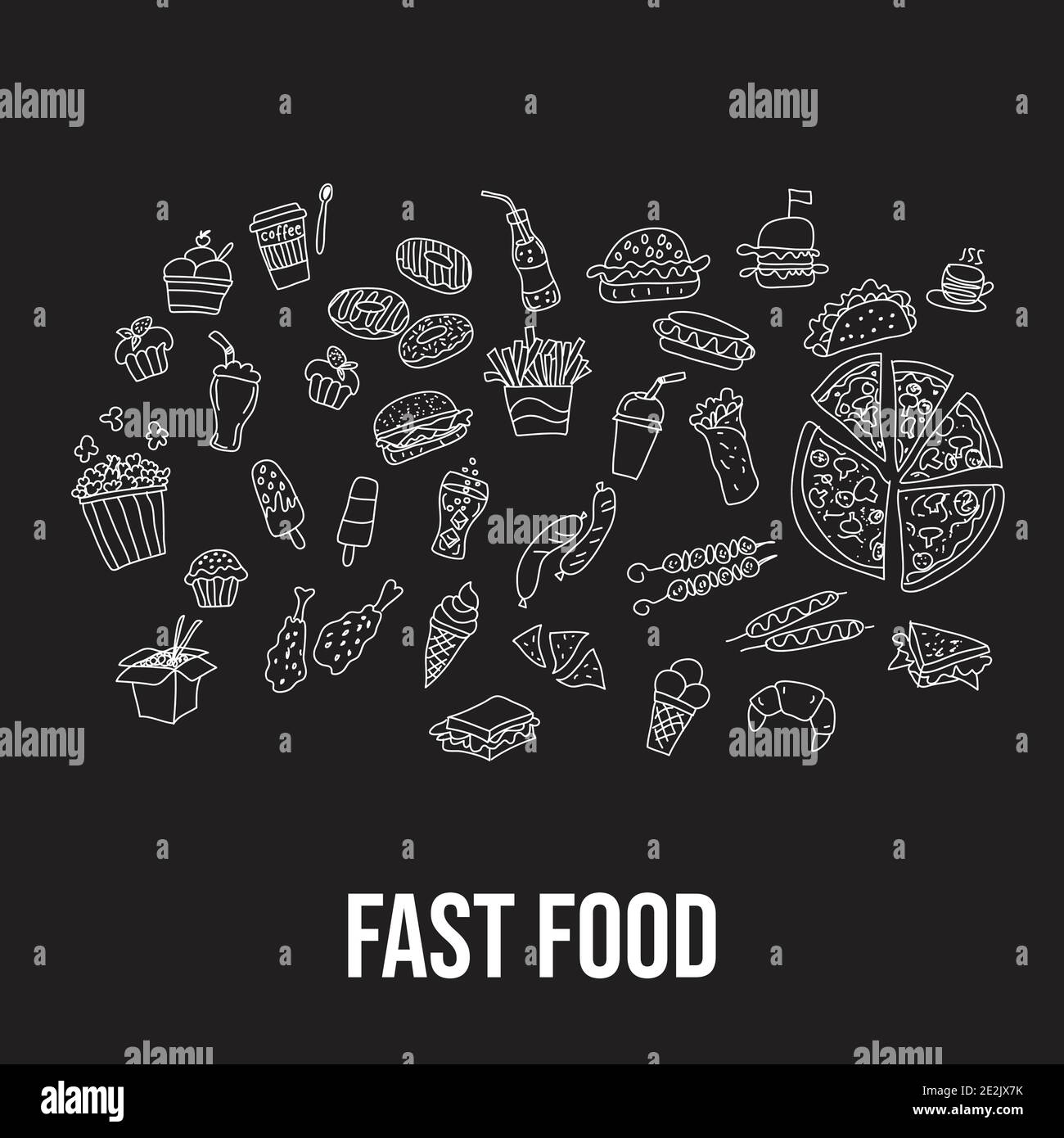 Set von Fast-Food-Doodles auf Tafel. Vektorgrafik. Perfekt für Menü- oder Food-Paket-Design Stock Vektor