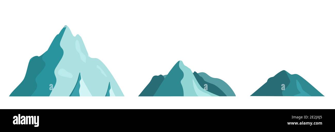 Symbol für Berglandschaft festlegen. Isoliert auf weißem Hintergrund. Silhouetten von Bergen in flachem Stil. Vektorgrafik. Stock Vektor