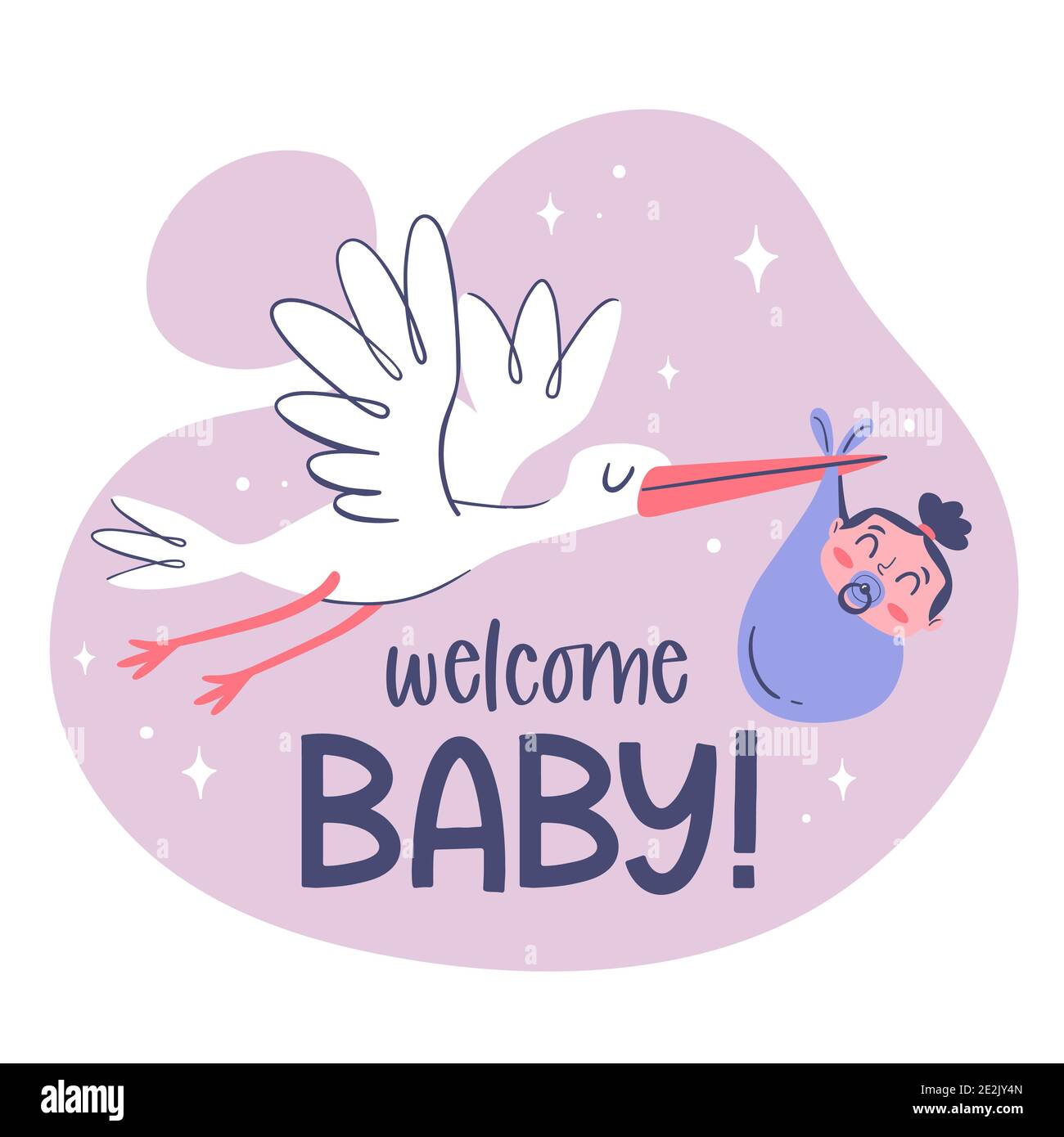 Niedliche Baby-Karte Vorlage mit einem handgezeichneten Storch hält ein Baby  Mädchen Stock-Vektorgrafik - Alamy