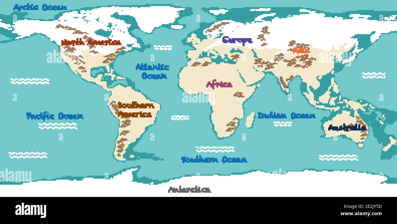 Weltkarte mit Namen der Kontinente und Darstellung der Ozeane Stock Vektor
