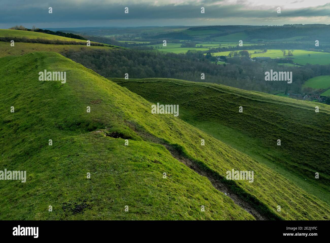 Hambledon Hill, ein prähistorisches, hauptsächlich eisenzeitliches Hügelfort, auf Kreide in Dorset. Stockfoto