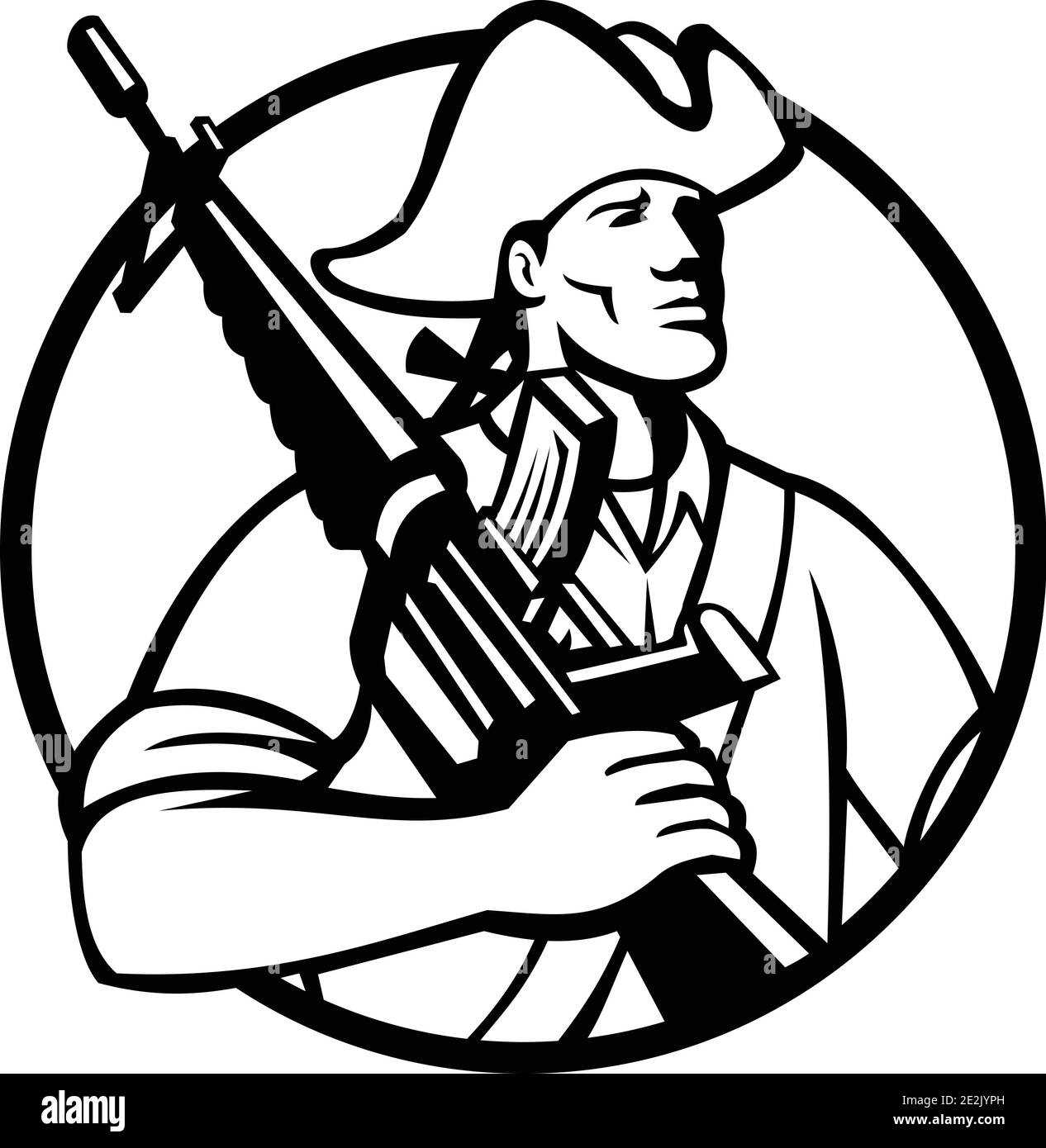 Maskottchen Illustration eines amerikanischen Patrioten revolutionäre Lot mit Angriff Gewehr auf der Schulter, von vorne gesehen, in den Blick Kreis auf Isol Stock Vektor