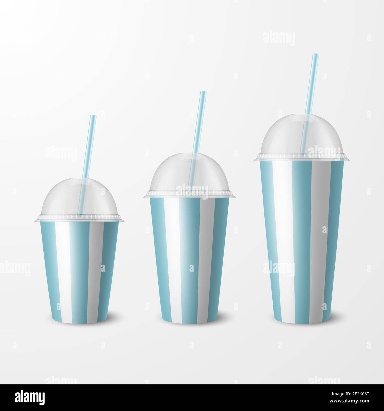 Vector 3d realistisches Weiß, blau gestreiftes Papier Einweg-Cup-Set, Deckel, Stroh. Getränke, Getränke, Kaffee, Soda, Tee, Cocktail, Milchshake. Design Stock Vektor