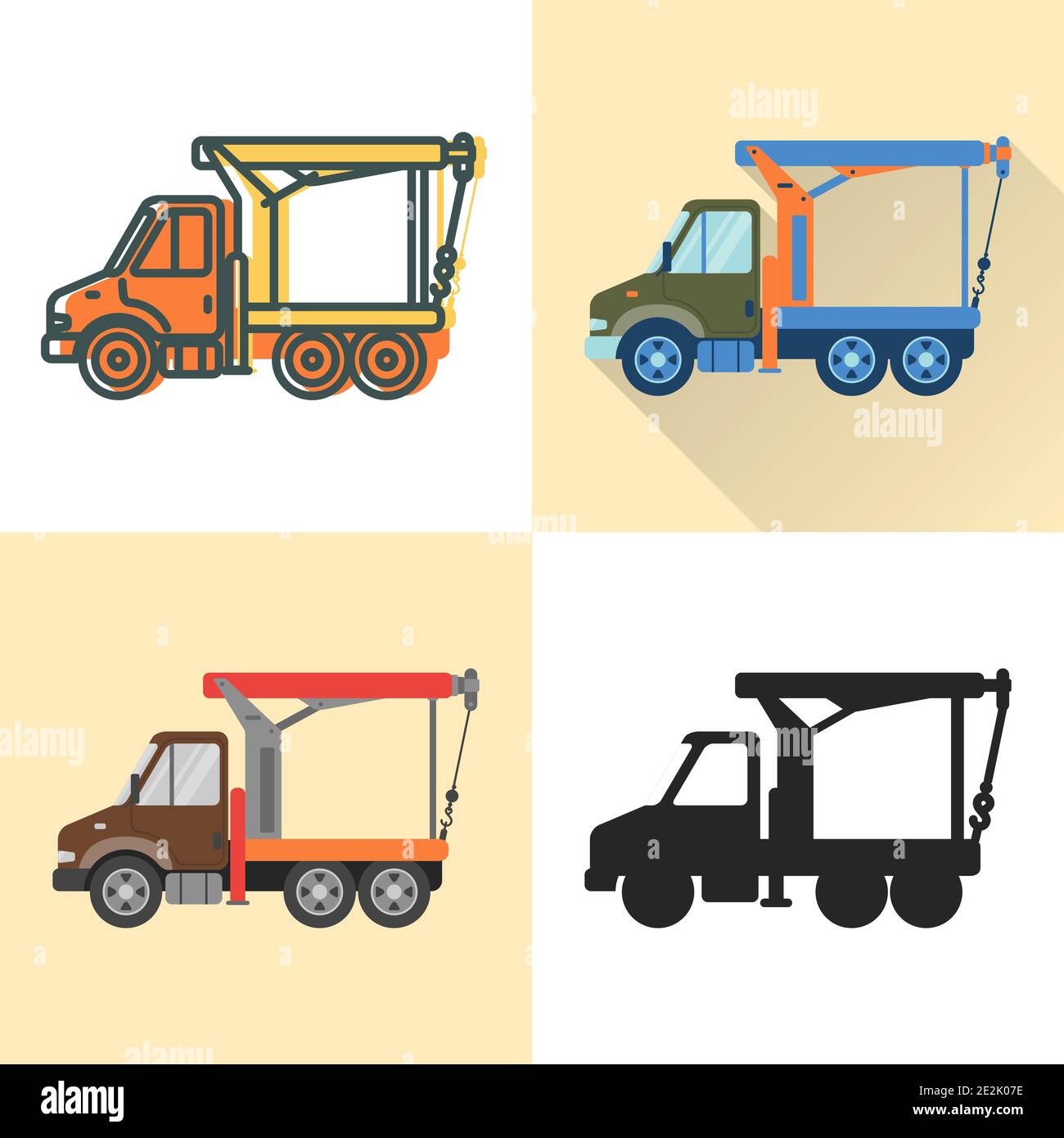 Boom Kran LKW Symbol in flach und Linie Stile gesetzt. Abbildung des Frachtfahrzeugs. Transportsymbol auf weiß isoliert. Stock Vektor