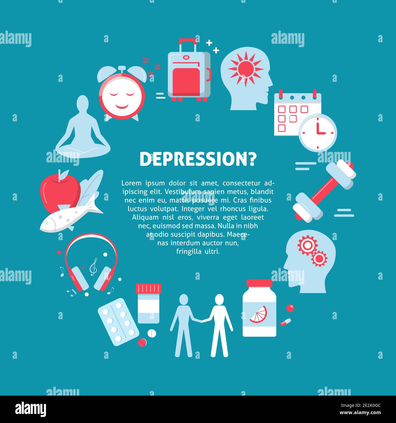 Depression Behandlung Poster oder Banner-Vorlage mit rundem Konzept in flacher Form. Vektor-Illustration mit psychischen Gesundheit Symbole gesetzt. Stock Vektor