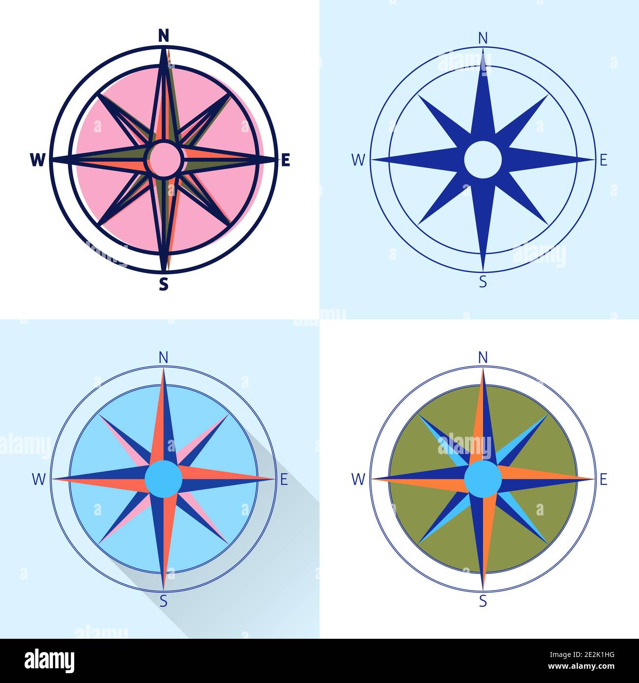 Kompassrose Symbol in flachen und Linie Stile gesetzt. Windrose isoliert. Marine Schiffsausrüstung bunte Illustration. Stock Vektor