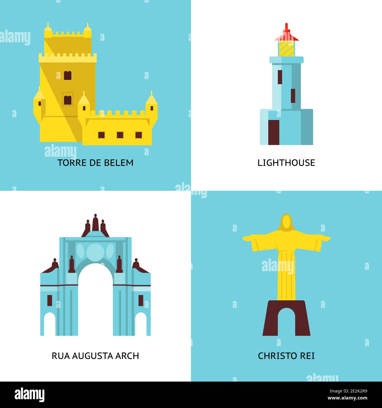 Sammlung von Portugal Ikonen in flachem Stil. Architektursymbole wie Belem-Turm, rua Augusta-Bogen, Leuchtturm und Christusstatue. Stock Vektor