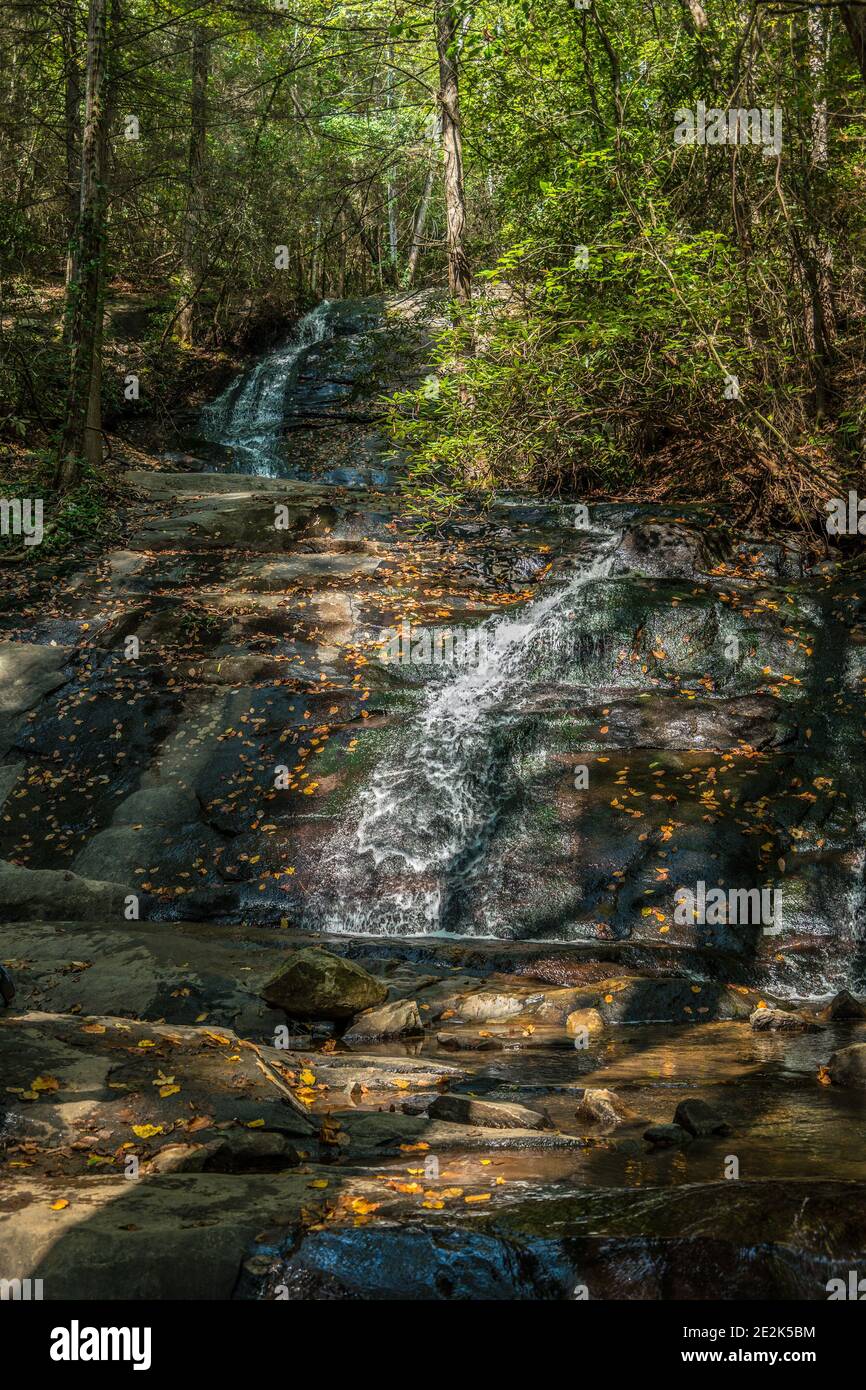 Nahaufnahme des Wassers, das die Felsbrocken mit heruntergefallenen Blättern herabkommt An einem sonnigen Tag werfen Schatten auf den Wasserfall bei Fall Branch Falls im Norden Georgiens Stockfoto