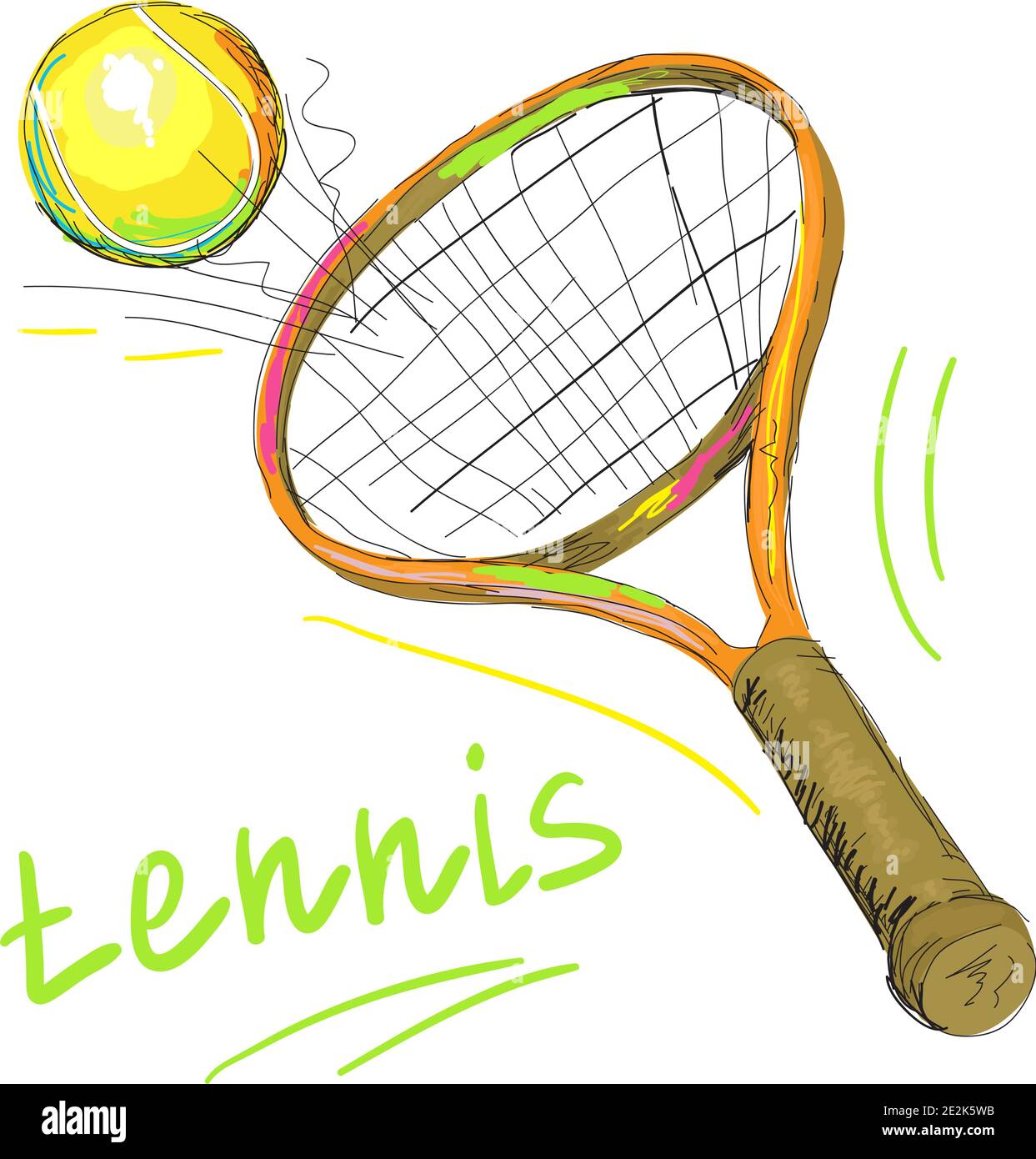 Vektor-Illustration von isolierten Tennisschläger und Ball, Schläger Nahaufnahme auf weißem Hintergrund. Stock Vektor