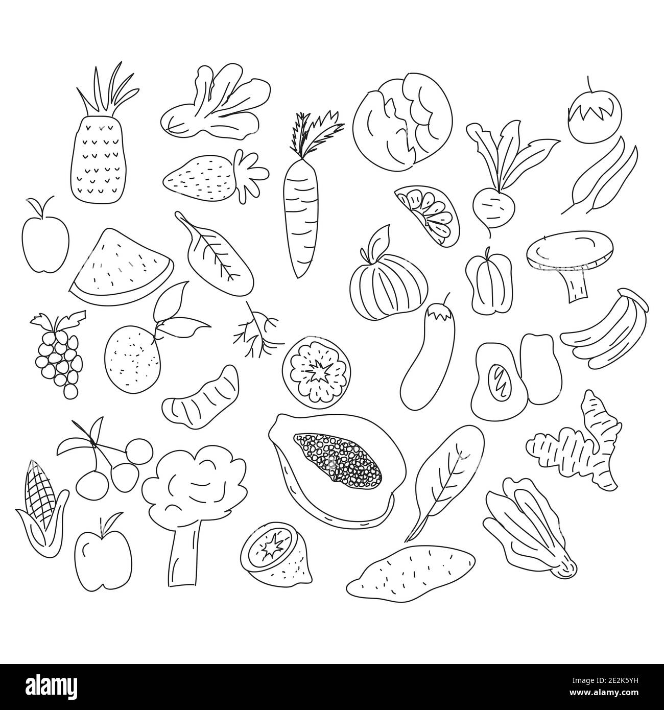 Obst und Gemüse Doodle Set. Handgezeichnete Vektorgrafik Stock Vektor