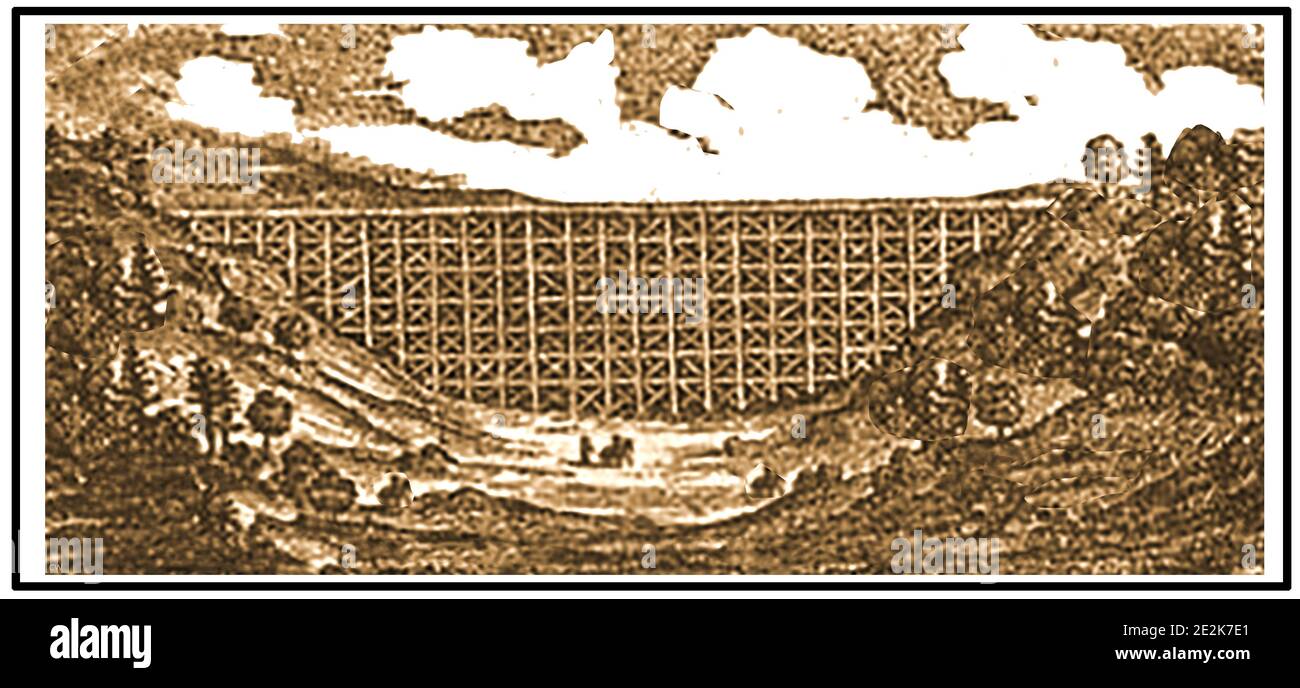 1852 - KALIFORNISCHER GOLDRAUSCH - eine alte Gravur des Bear River & Auburn Ravine Viaduct California (Bear River Bridge). Die alte hölzerne Bear River Bridge (befand sich im Nevada County, Kalifornien und wurde später durch eine Beton- und Stahlkonstruktion ersetzt.Es war die höchste Eisenbahnbrücke des Staates. Die Brücke wurde 1963 demontiert, um Platz für einen Damm zu schaffen. Am 16. Mai 1848 fand Claude Chana Gold in der Schlucht von Auburn. Im April 1849 waren die North Fork Dry Ausgrabungen zu einem gut etablierten Bergbaulager geworden. Das Lager hatte viele Namen, darunter Rich Ravine und Wood's Dry Diggings oder Auburn Ravine. Stockfoto