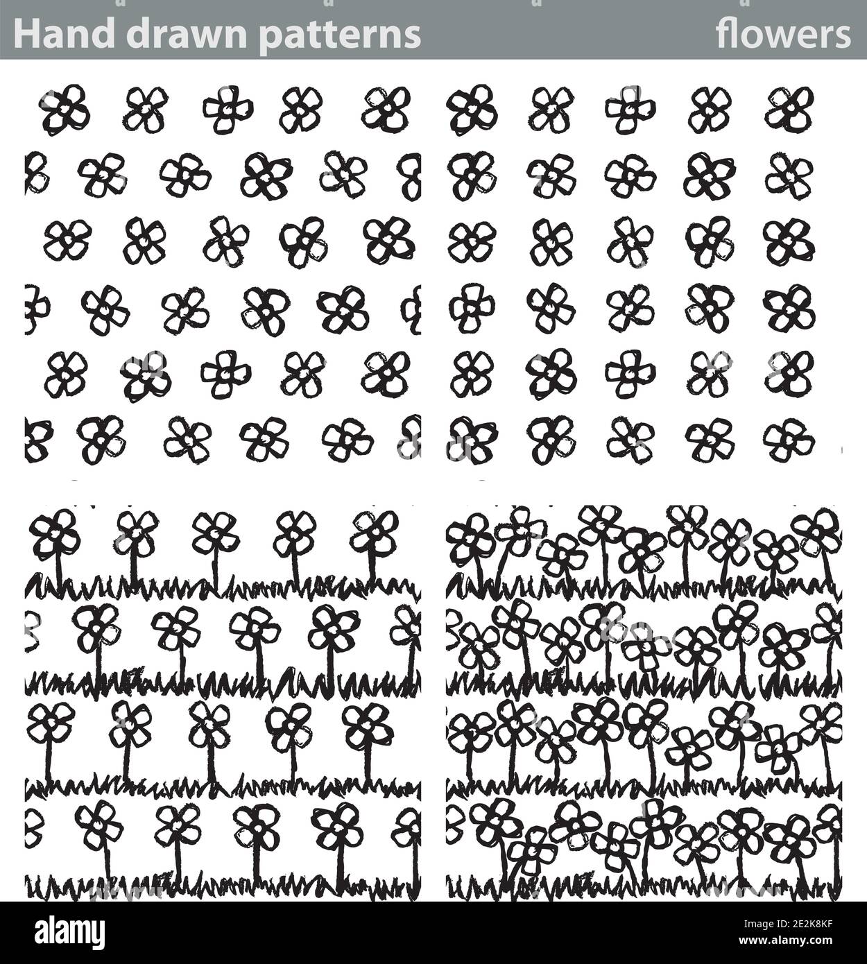 Vier verschiedene nahtlose Muster mit handgezeichneten Blumen gemacht. Stock Vektor