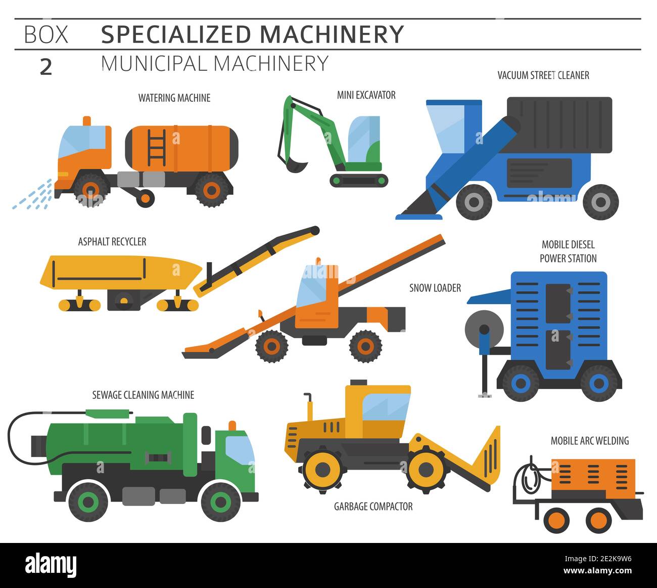 Spezielle Industriestraße und kommunale Maschine. Flacher Vektor-Symbolsatz für Farbe isoliert auf Weiß. Abbildung Stock Vektor