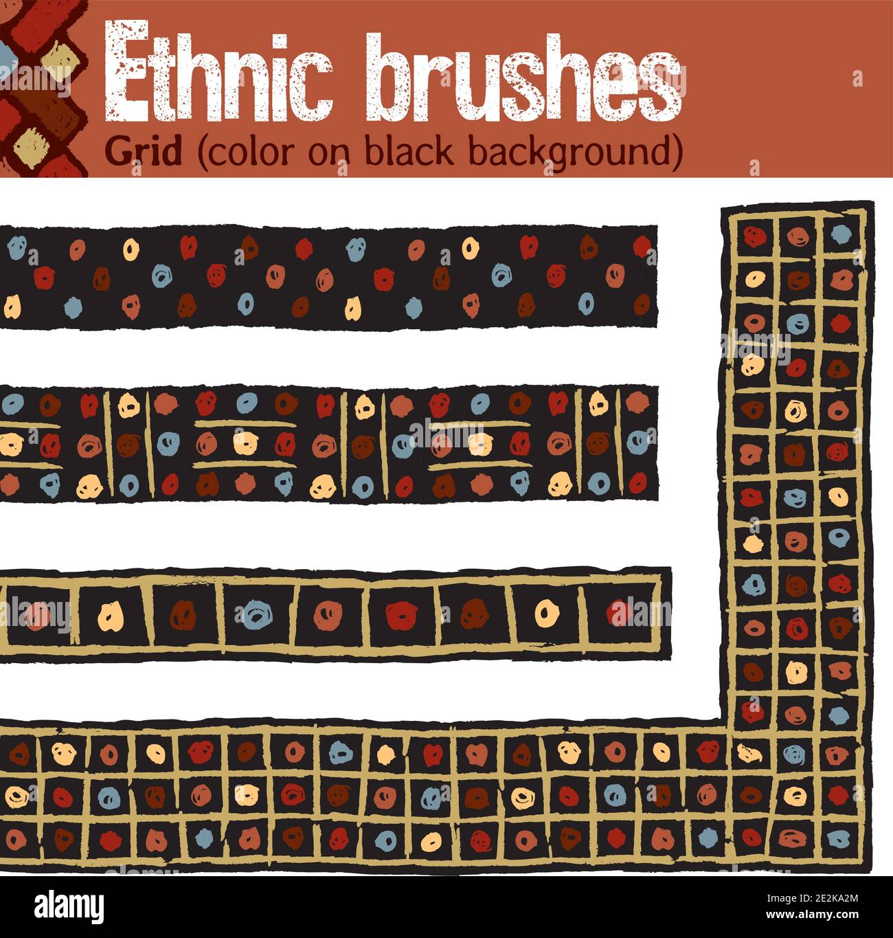 4 Musterpinsel für Illustrator im Tribal-Stil, aus handgezeichneten Zeichnungen. Alle Bürsten enthalten äußere und innere Eckfliesen. Stock Vektor