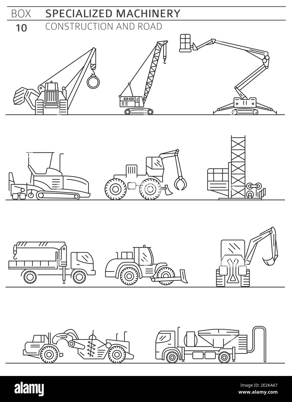 Spezielle industrielle Konstruktion und Straßenmaschine linearen Vektor-Symbol-Set isoliert auf weiß. Abbildung Stock Vektor