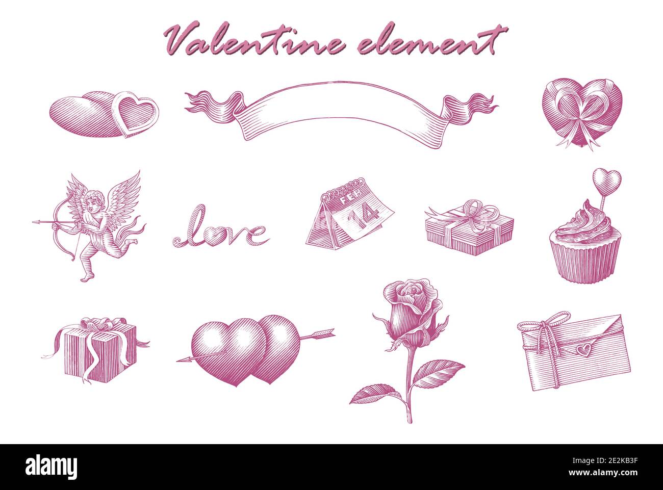 Valentine Element Hand zeichnen vintage Gravur Stil Clip Art isoliert Auf weißem Hintergrund Stock Vektor