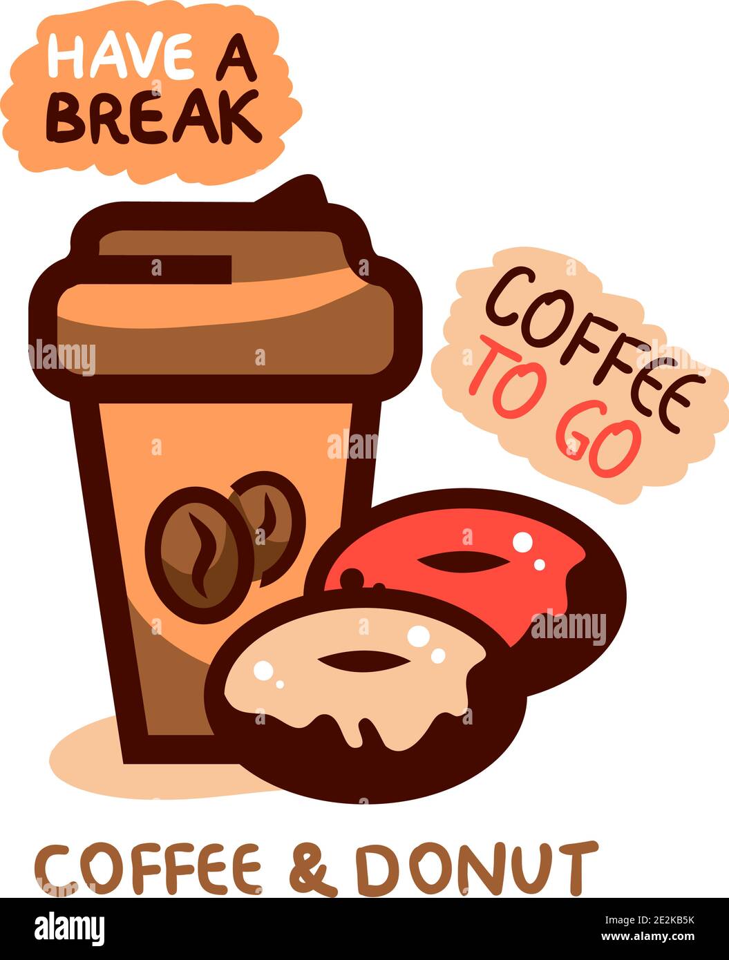 Nette Tasse Kaffee mit Donuts, Idee Konzept, Vektor-Illustration zu gehen. Stock Vektor