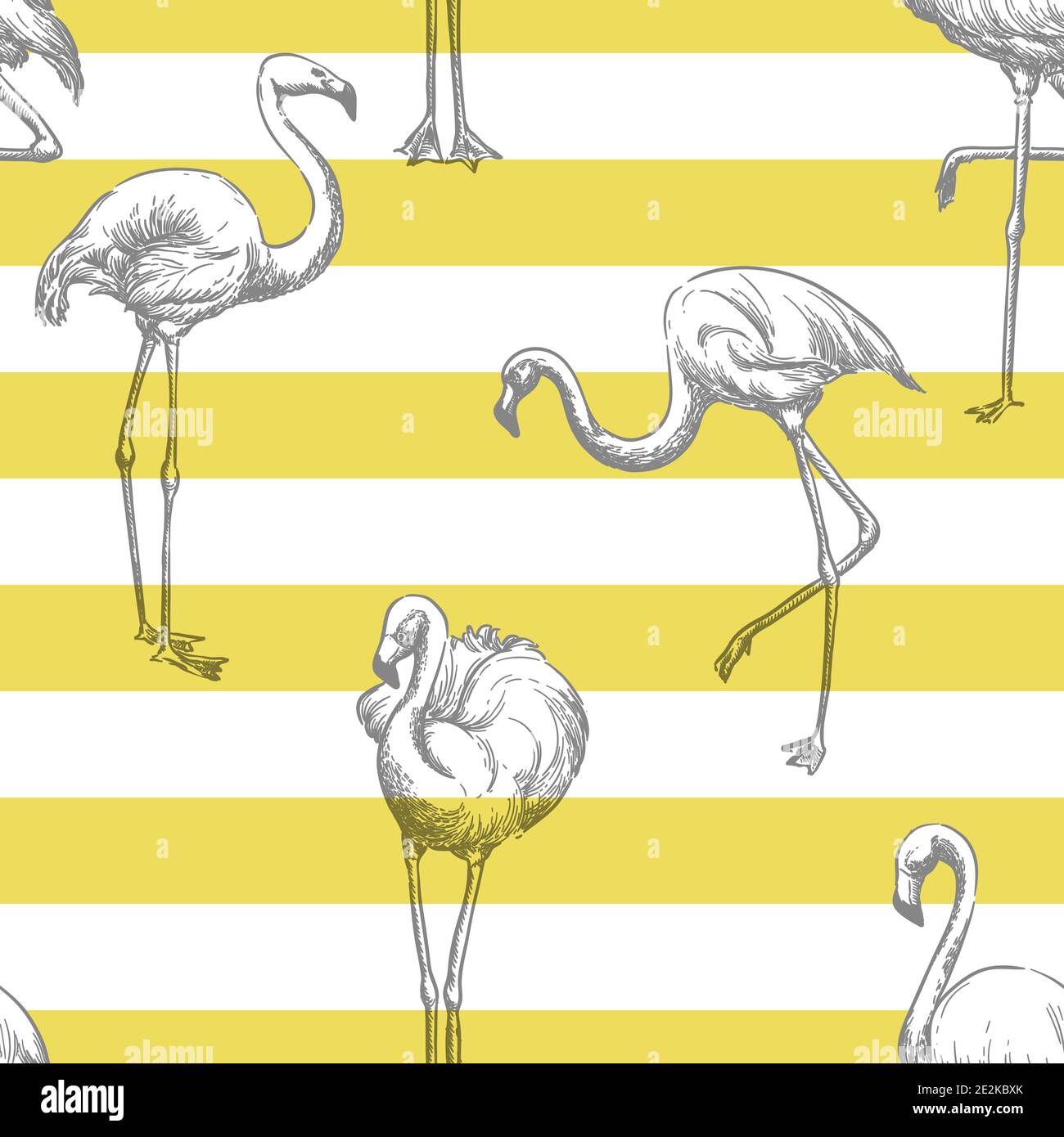Grauer Flamingo auf gelb weiß gestreiftem Hintergrund. Trendiges tropisches Nahtloses Sommermuster. Stoffdesign, Geschenkpapier oder modischer Textildruck. Vec Stock Vektor