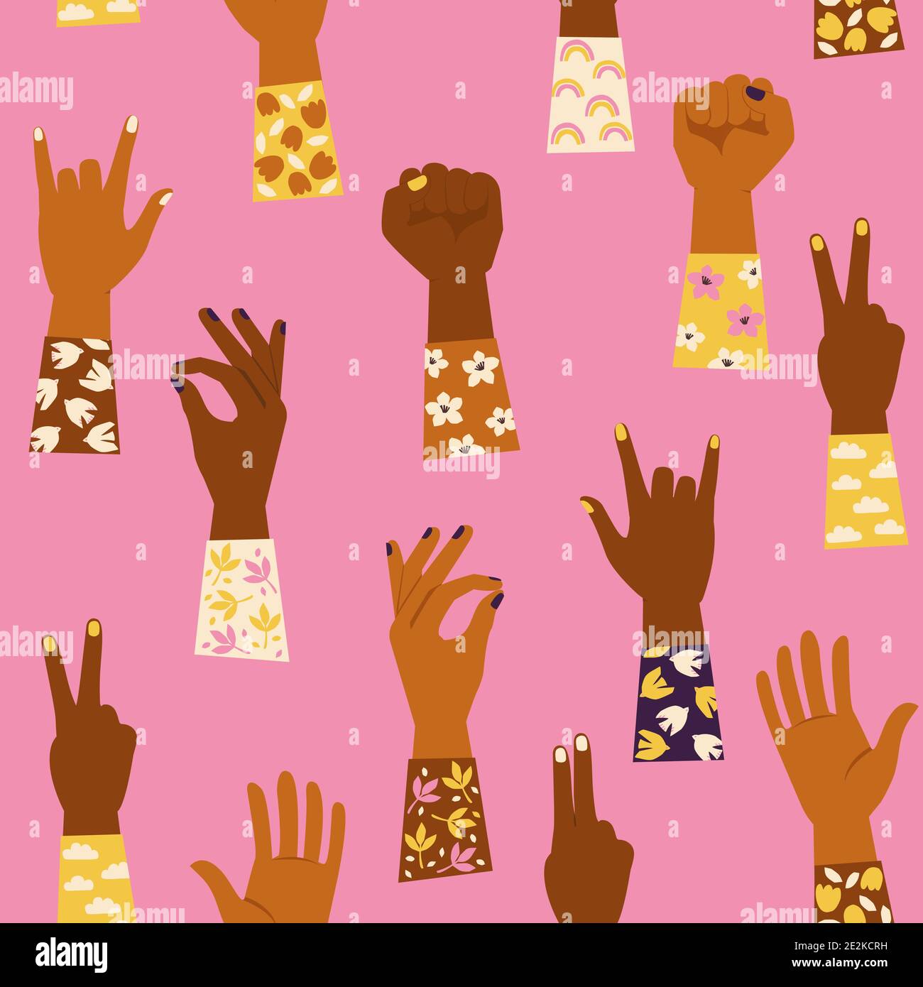Die Hände der Frau mit erhobener Faust und verschiedenen Handbewegungen. Mädchen Macht Feminismus Konzept. Nahtloses Muster. Stock Vektor