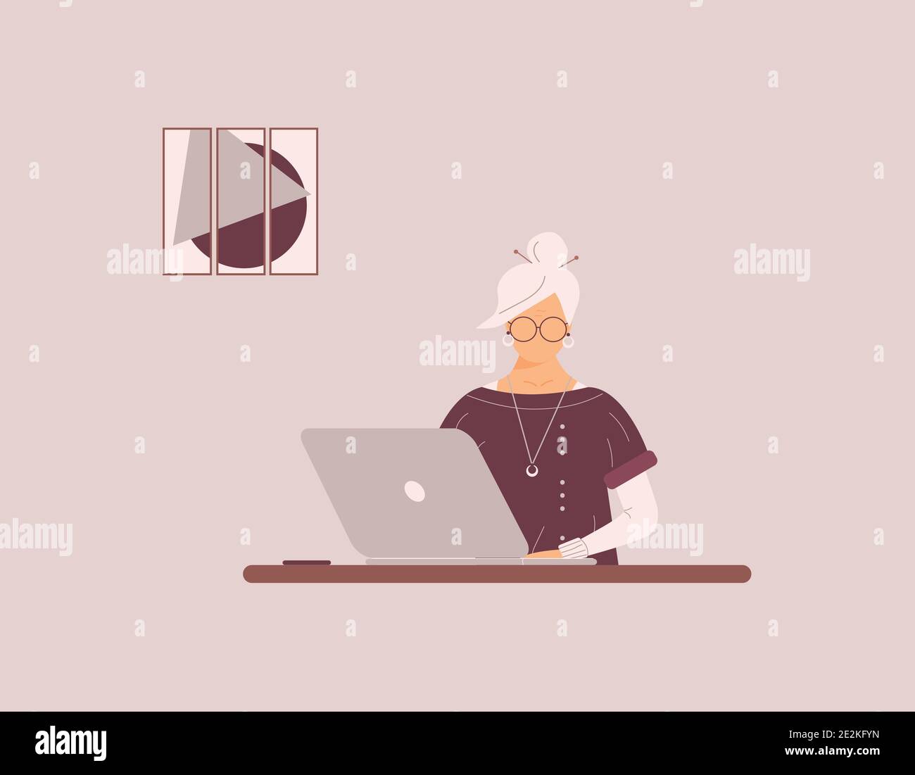 Ältere nette Frau arbeiten auf Laptop.Remote Arbeit, Fernunterricht oder Online-Training während der Virus epidemic.Lady Trainer, Trainer oder Buchhalter Stock Vektor