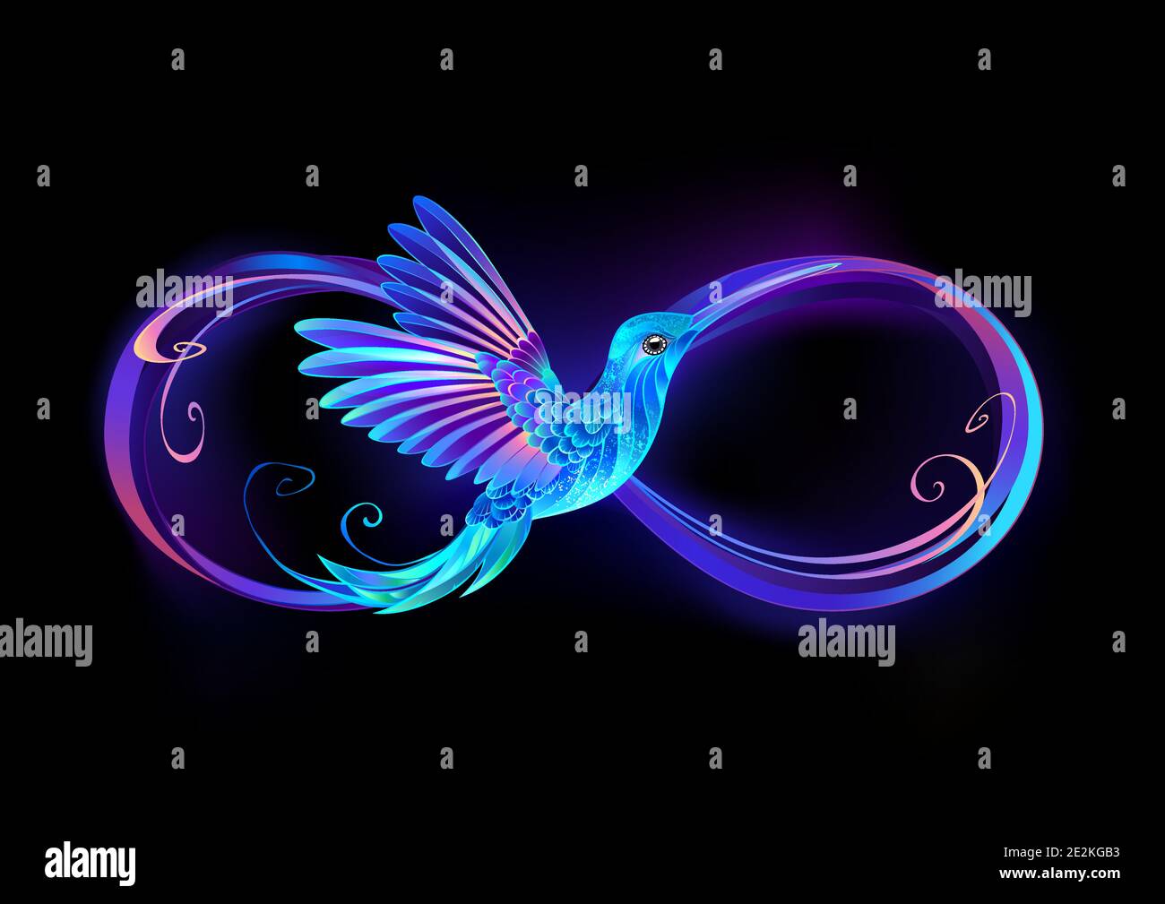 Leuchtendes, violettes Infinity-Symbol mit fliegendem, leuchtendem, blauem Kolibri auf schwarzem Hintergrund. Stock Vektor