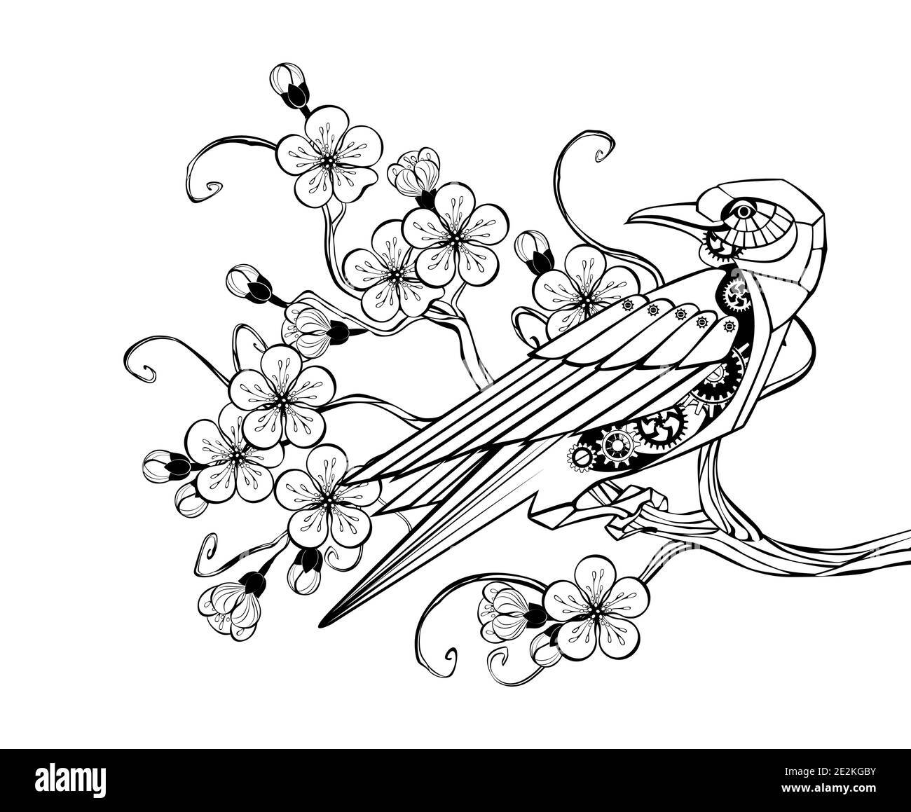 Umriss schwarzen mechanischen Vogel mit Zahnrädern sitzt auf blühenden Sakura Zweig. Steampunk-Style. Stock Vektor