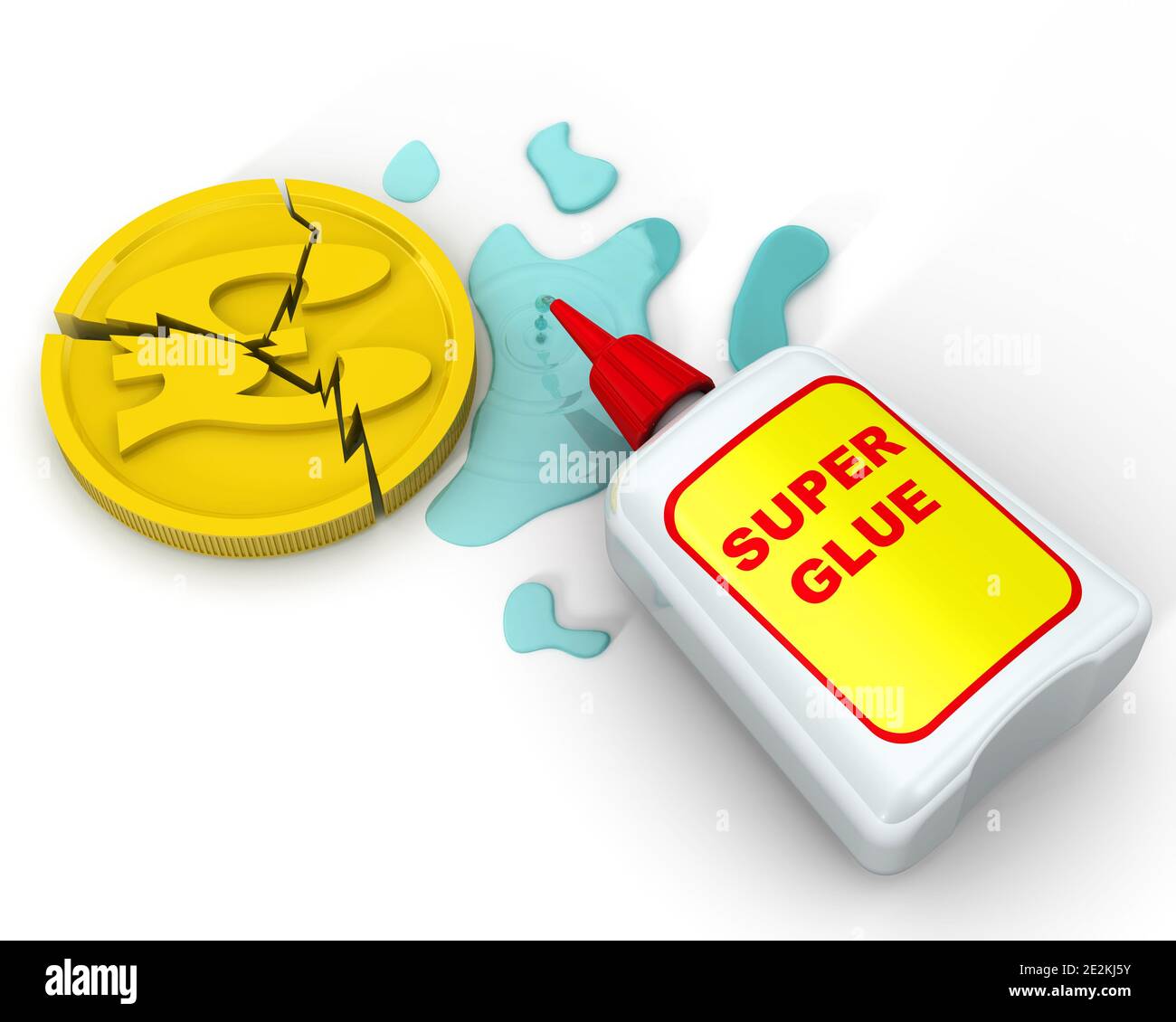 Die wirtschaftliche Rettung Großbritanniens. Auf einer weißen Oberfläche liegt eine geknackte Goldmünze mit dem Symbol des britischen Pfund Sterling und einem Leimrohr. 3D-Illustration Stockfoto