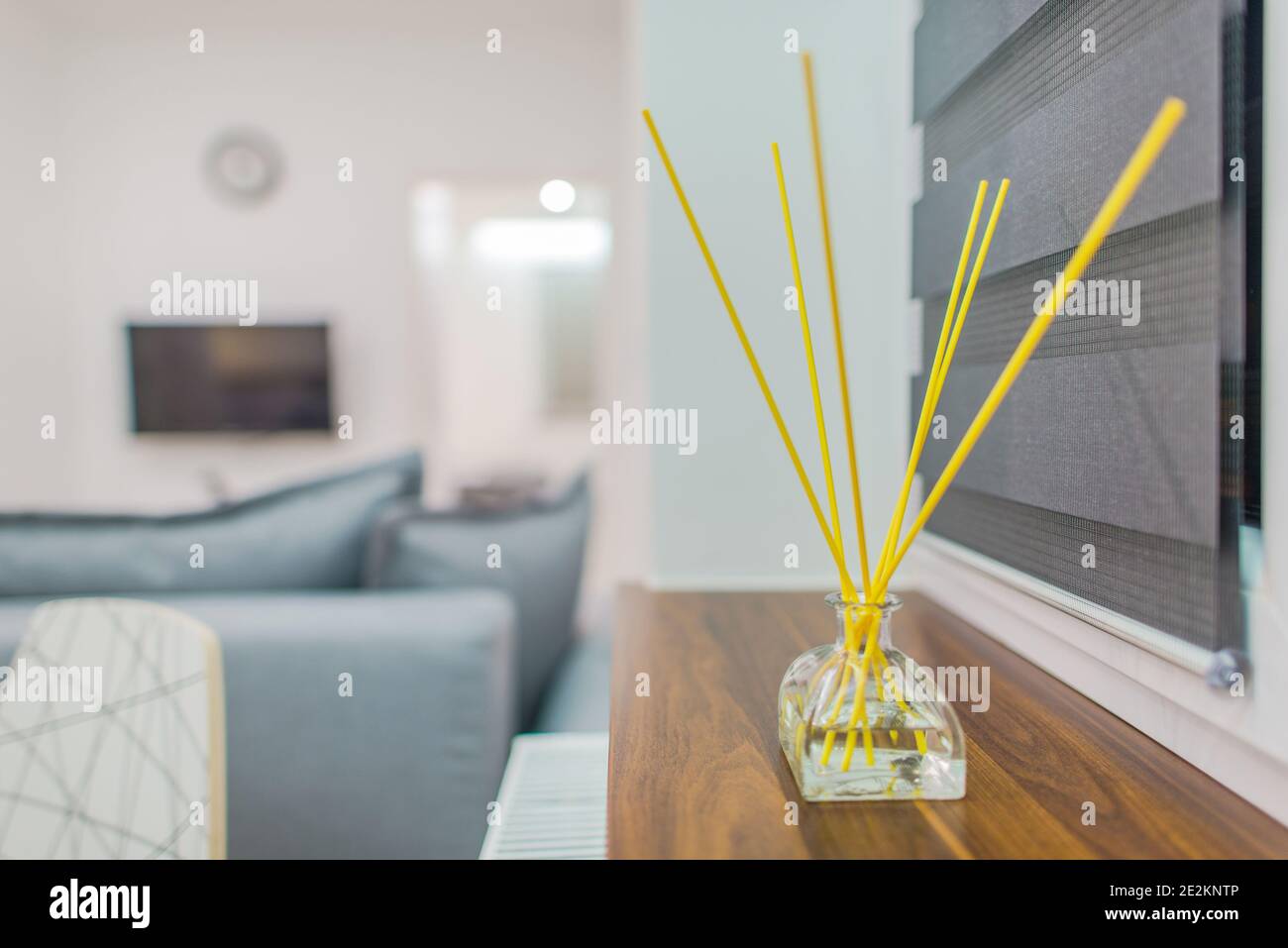 Stock Reed Diffuser Home Air Refresher Liefert Konstanten Duft Im Modernen Apartment Wohnzimmer. Stockfoto