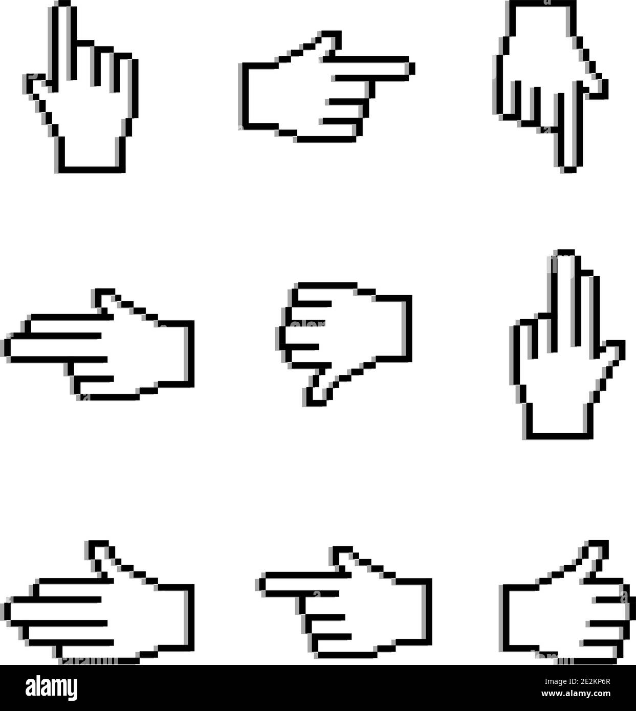 Satz von pixeligen Handsymbolen auf leerem Hintergrund. Eps10 Stock Vektor