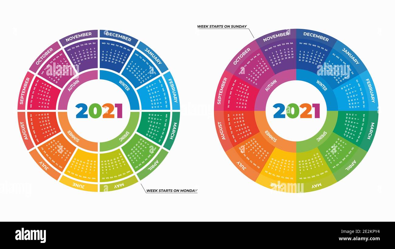 Vektor-Illustration von bunten runden Kalendern 2021 isoliert auf weiß Hintergrund für Ihr Design Stock Vektor