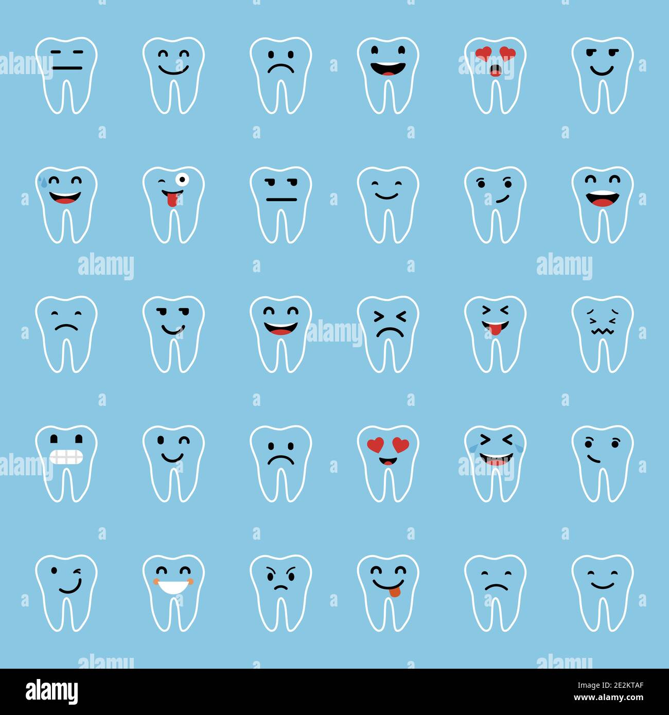 Emoticons. Zahncharakter mit verschiedenen Gesichtsausdrücken, Emotionen. Flaches Design. Set von Emoji. Stock Vektor