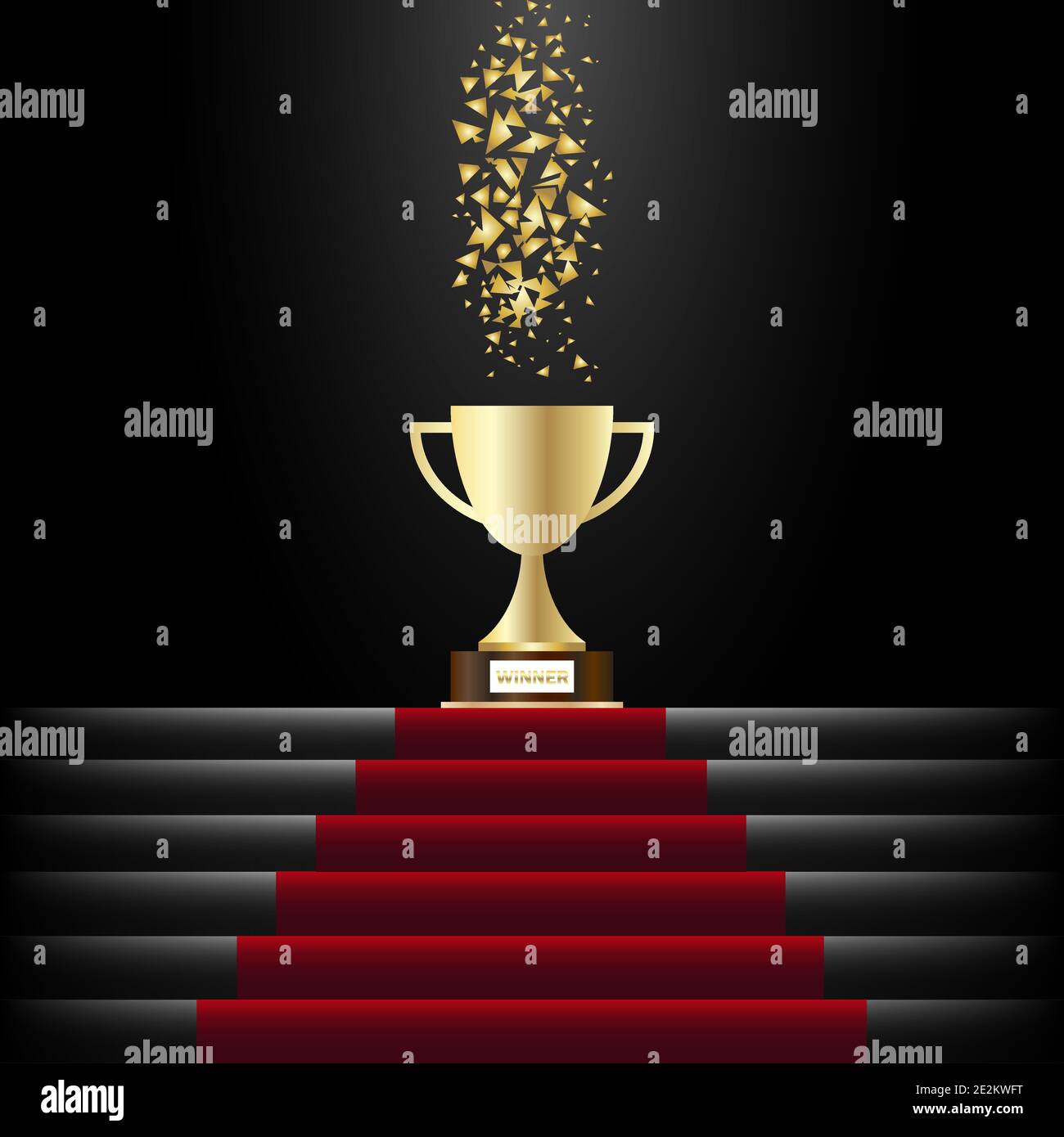 Sieger Trophy Cup. Beleuchtetes Podium mit rotem Teppich für Preisverleihungsvektor Illustration Stock Vektor
