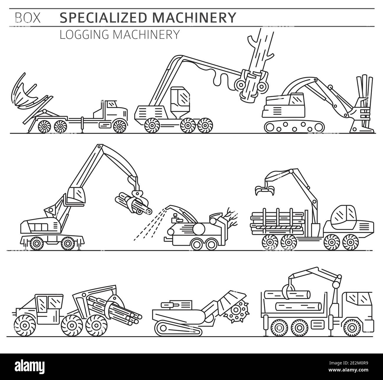 Spezielle industrielle Logging Maschine linearen Vektor-Symbol auf weiß isoliert gesetzt. Abbildung Stock Vektor