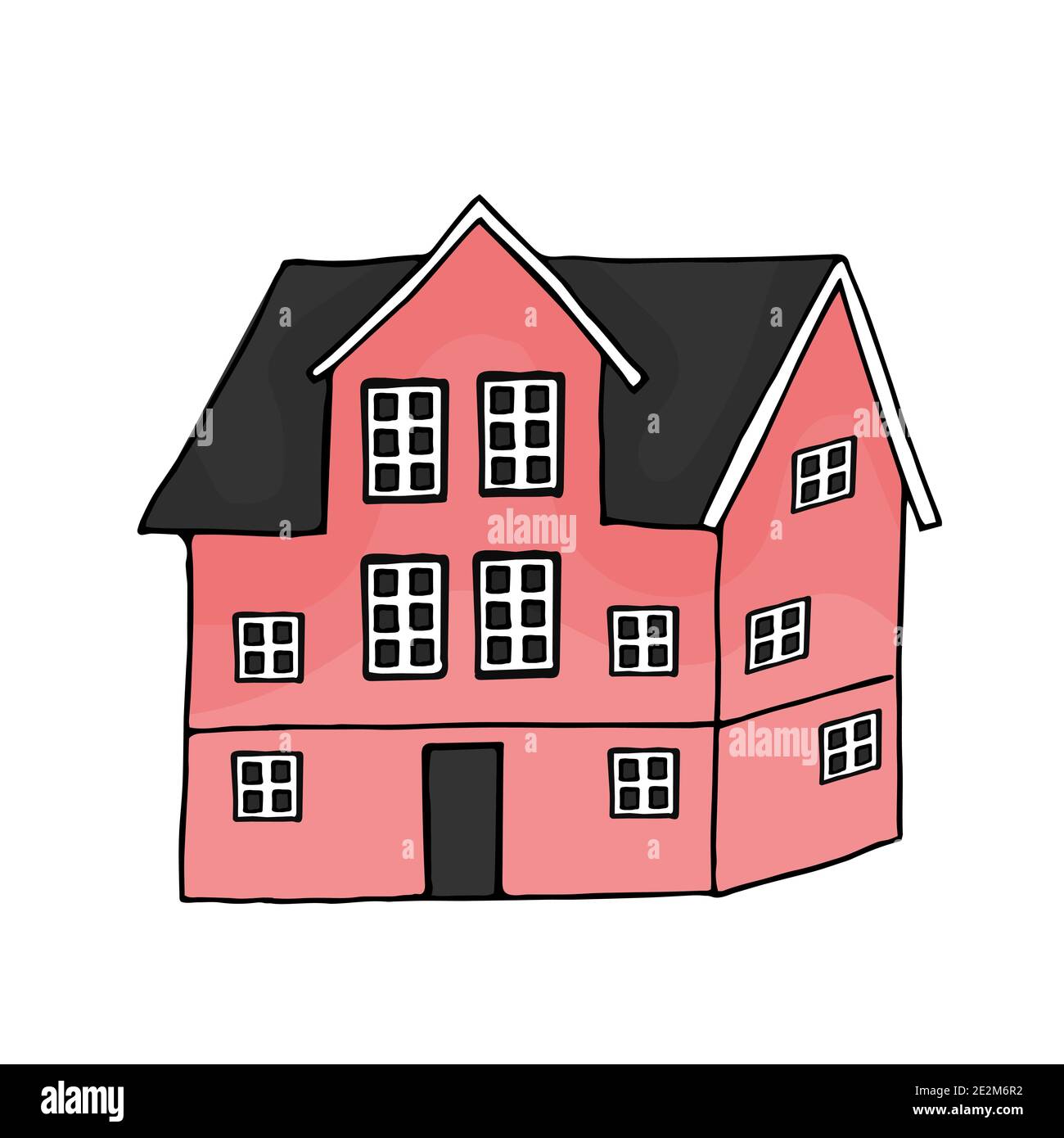 Cute Pink Hand gezeichnet Haus isoliert auf weißem Hintergrund. Das Gebäude hat drei Etagen Stock Vektor