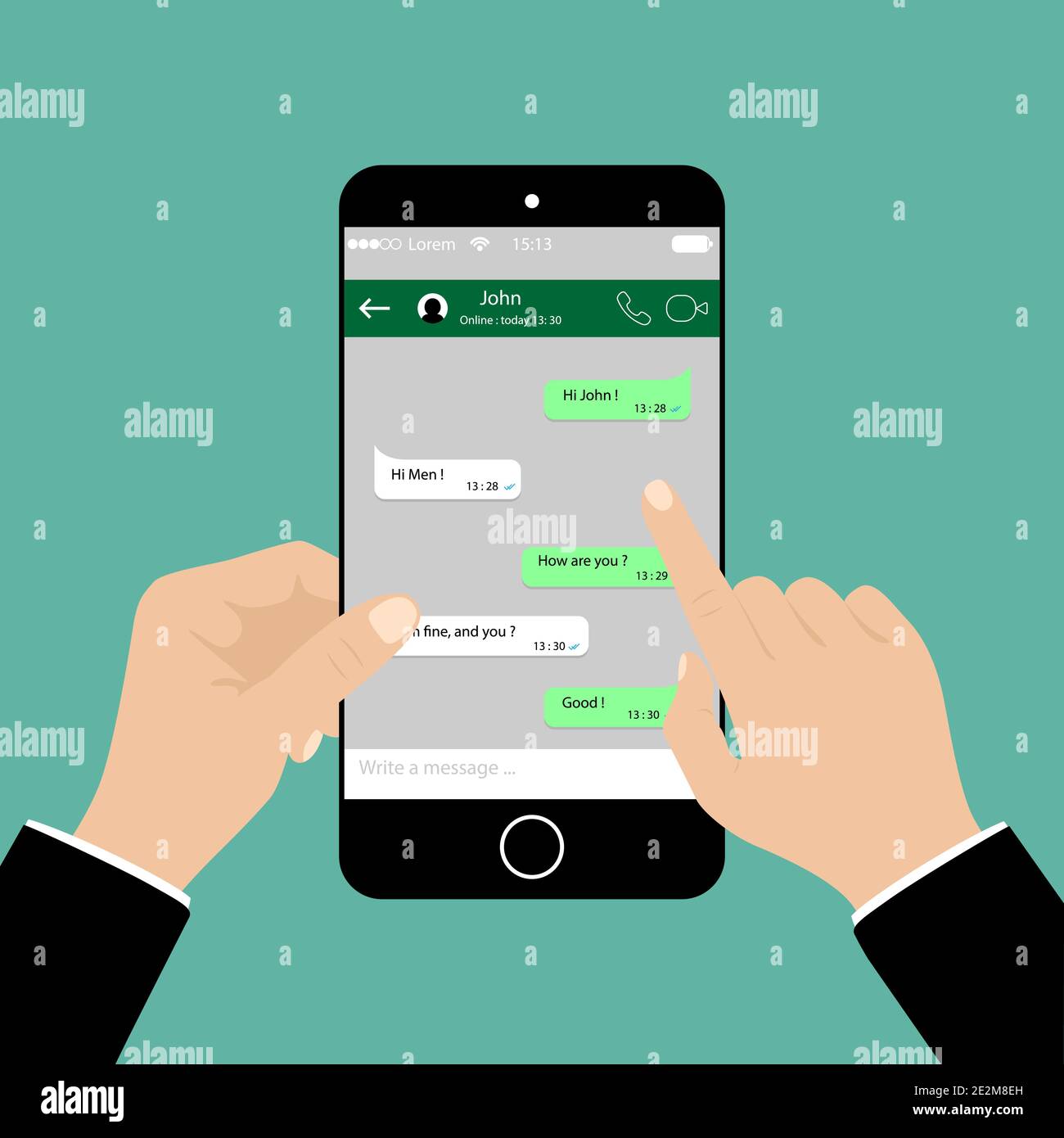 Hand halten Handy, Social Network Konzept, Handy, Messenger-Fenster Stock Vektor