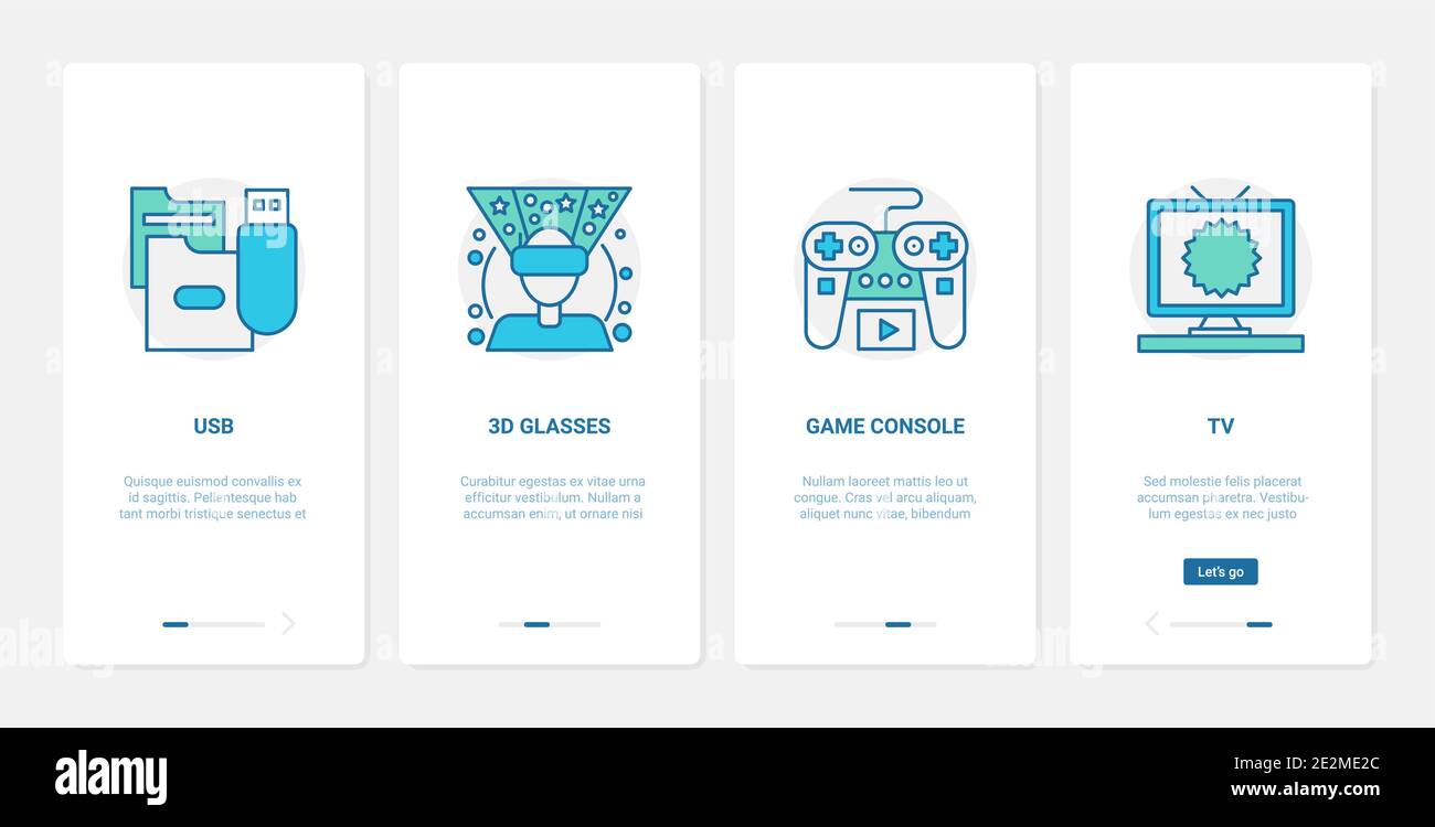 Elektronische Mediengeräte, Unterhaltung Vektor Illustration. UX, UI Onboarding mobile App Seite Screen Set mit Linie Virtual Reality 3d-Brille für vr Gaming, TV-Set Spielkonsole usb-Verbindung Symbole Stock Vektor
