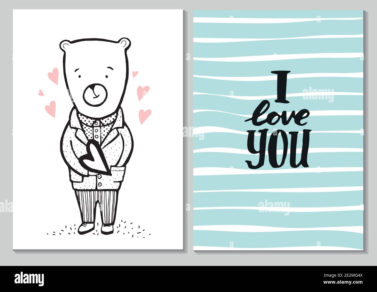 Romantische Valentinskarte. Tragen Sie in einem Anzug mit Herzen. Handgezeichnete Vektor-Illustration von niedlichen Bär mit Herz. Stock Vektor