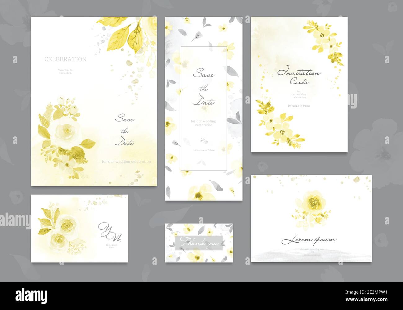 Set aus gelber und ultimativer grauer Karte mit Blumenrose, Blätter Aquarell. Vektor Hochzeit Einladung Design-Konzept, Floral Poster Hintergrund, Gruß Stock Vektor