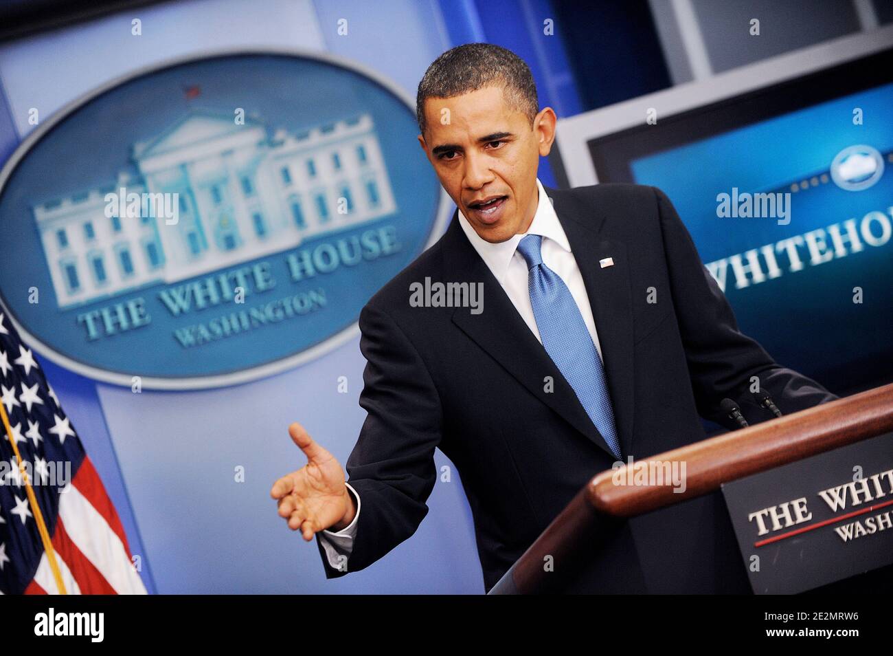 US-Präsident Barack Obama gibt am 9. Februar 2010 eine Erklärung im Brady Briefing Room des Weißen Hauses in Washington, DC, USA ab. Foto von Olivier Douliery /ABACAPRESS.COM Stockfoto