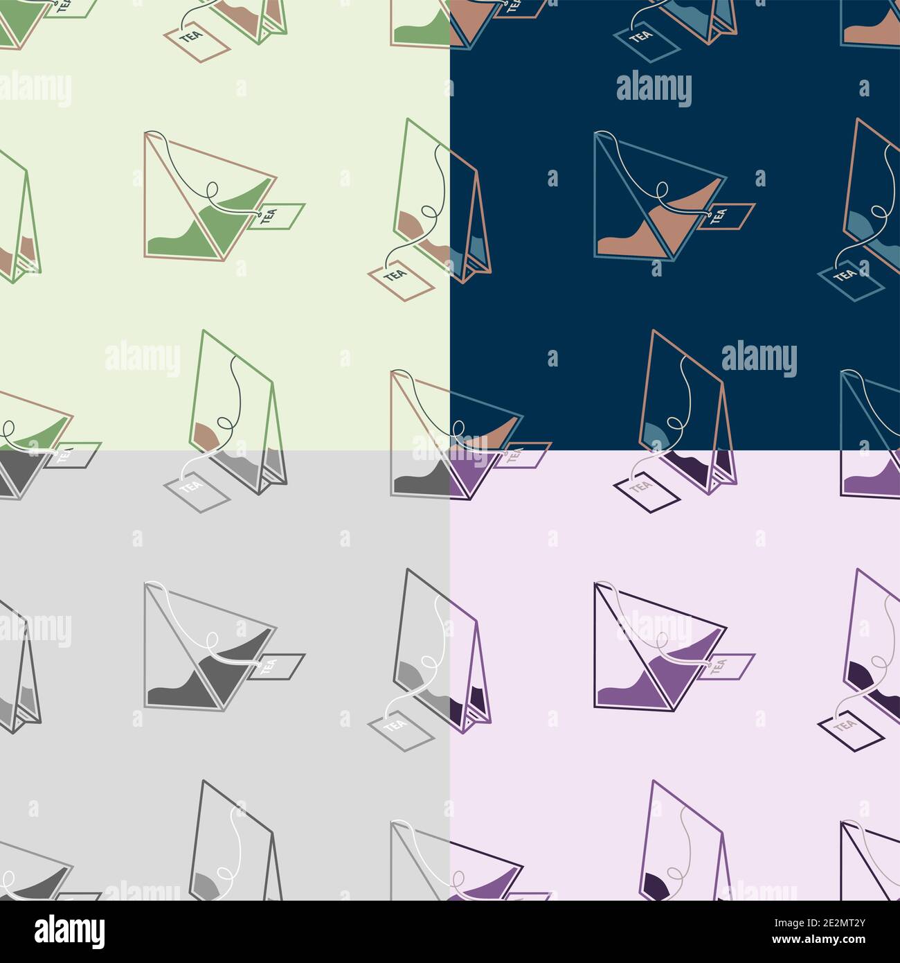 Set von nahtlosen Mustern mit klassischen und Pyramide Teebeutel. Festliche Teeparty. Ornament für Dekoration und Druck auf Stoff. Designelement. Vektor Stock Vektor