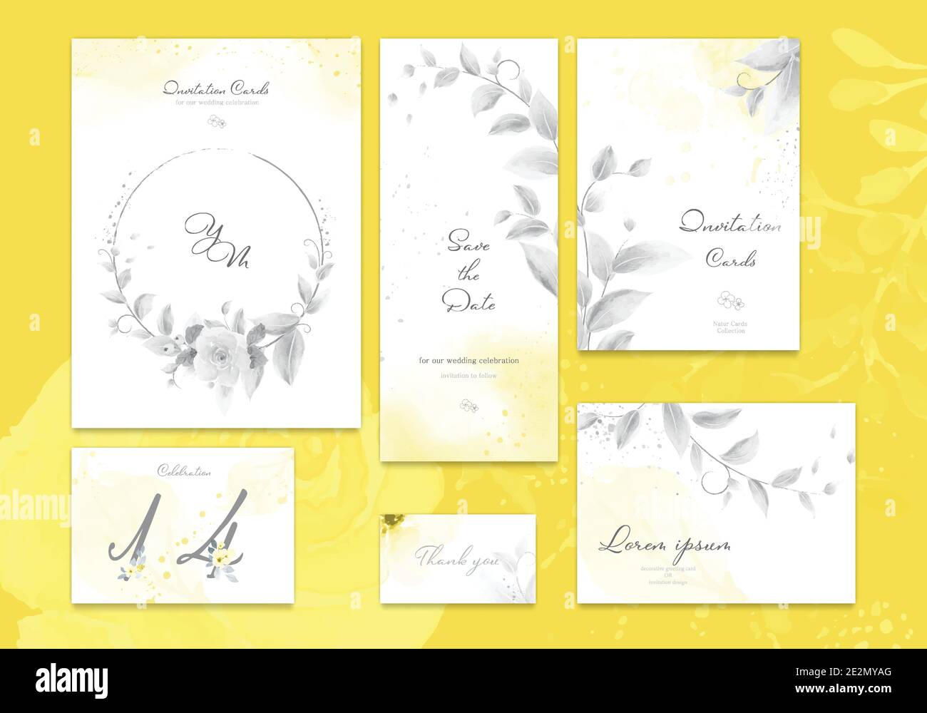 Set aus gelber und ultimativer grauer Karte mit Blumenrose, Blätter Aquarell. Vektor Hochzeit Einladung Design-Konzept, Floral Poster Hintergrund, Gruß Stock Vektor