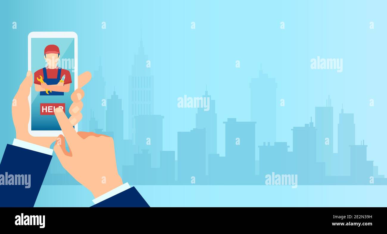 Vektor eines Geschäftsmanns, der eine mobile App verwendet, um eine Anfrage zu stellen Professionelle Hausreparaturdienste auf einem Stadtbild Hintergrund Stock Vektor