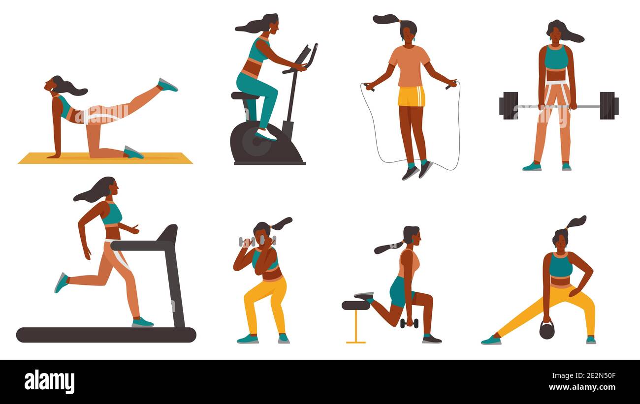 Fitness-Mädchen beim Training mit Sportgeräten Vektor Illustration Set. Cartoon sportliche Frau Charakter in Sportbekleidung tun gesunde Übungen, Laufband Joggen, Bodybuilding isoliert auf weiß Stock Vektor