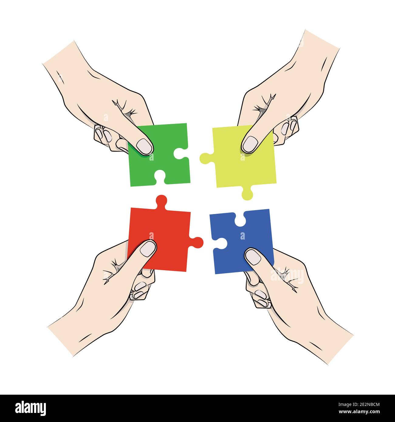 Vier Hände, die ein blaues, grünes, rotes und gelbes Puzzle zusammenfügen. Stock Vektor