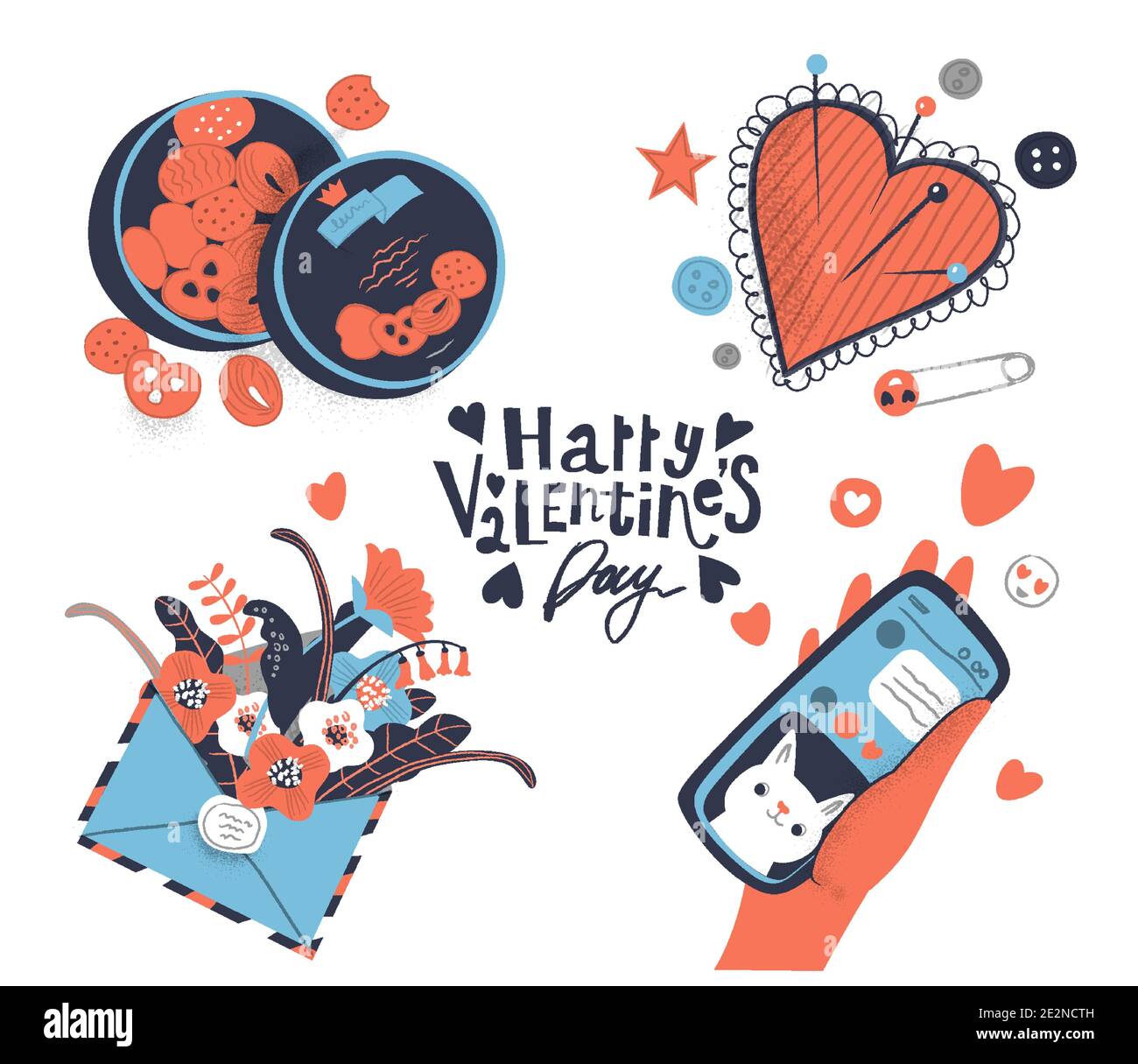 Set von Happy Valentines Day Themen-Icons. Herz, Plätzchen-Box, Umschlag mit Blumen gefüllt, Hand mit dem Smartphone Stock Vektor
