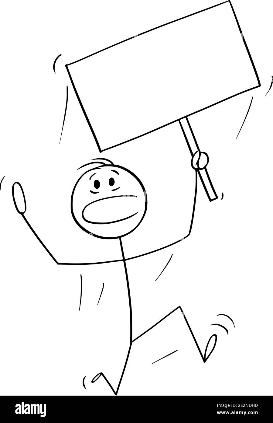 Vektor Cartoon Stick Figur Illustration des Mannes läuft in Angst oder Panik und hält leere Zeichen für Text. Stock Vektor