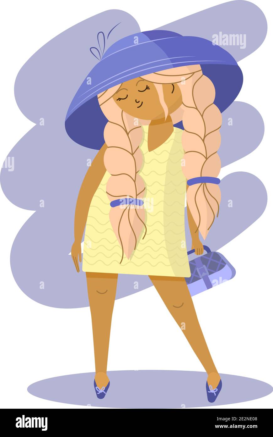 Modische Mädchen mit Zöpfen in einem gelben Kleid und lila Hut mit einer Handtasche. Vektorgrafik Stock Vektor